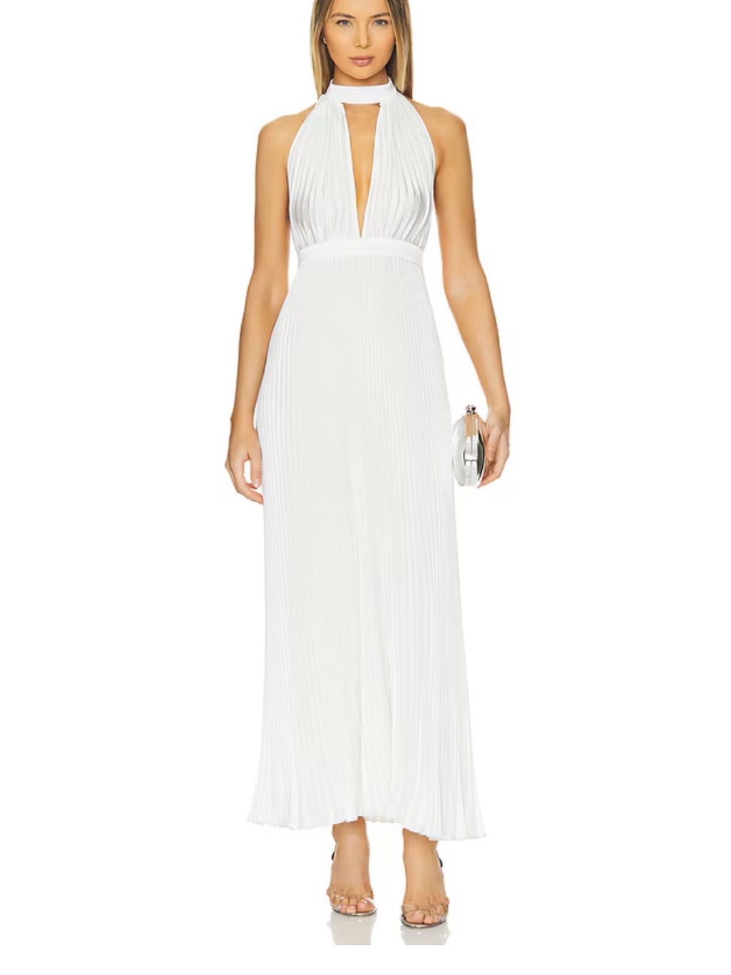 Pleated Halter White Maxi Dress With Keyhole Neckline